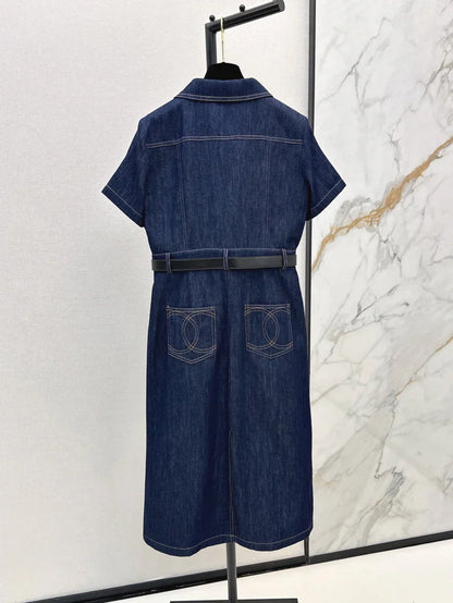 Back Pocket Embroidered Denim Midi Skirt