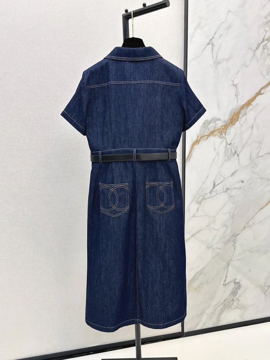 Back Pocket Embroidered Denim Midi Skirt