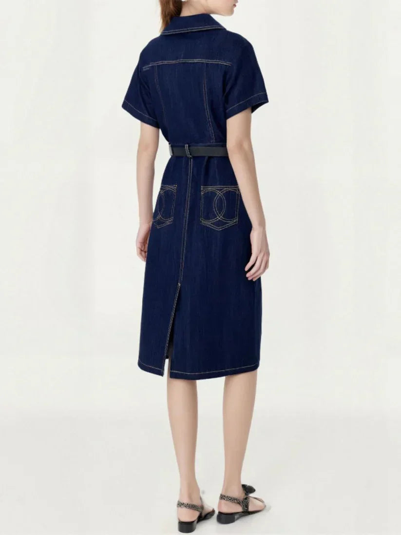 Back Pocket Embroidered Denim Midi Skirt