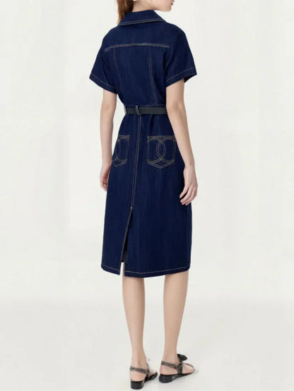 Back Pocket Embroidered Denim Midi Skirt