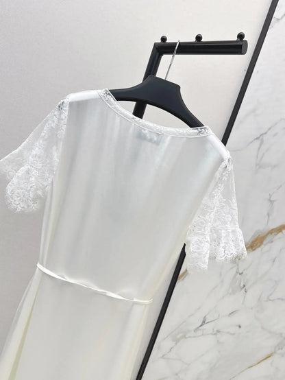 Lace-Trimmed Satin-Finish Short Sleeve Dress