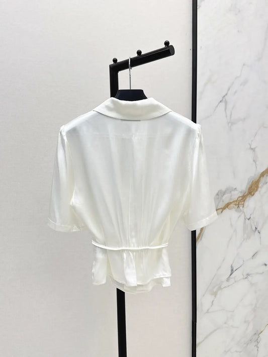Pleated Waist-Tie Short Sleeve Shirt