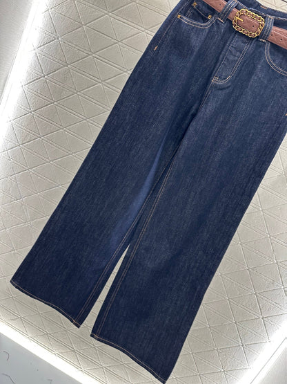 25fw Belted denim straight-leg trousers