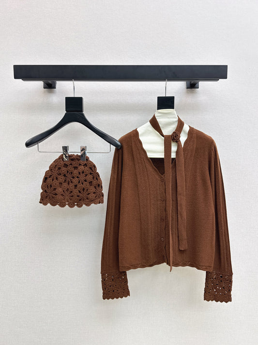 25fw new V-neck cardigan + flower hollow knitted hat set