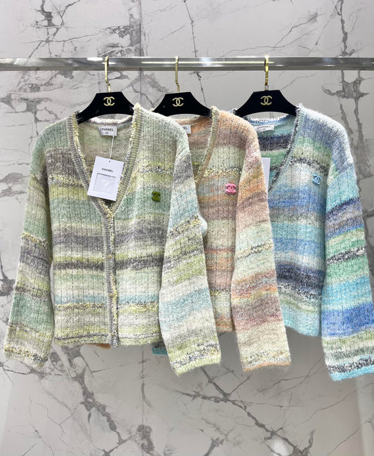 25 Gradient stripe patchwork mohair knitted cardigan