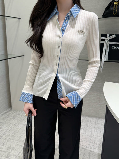25 New plaid stitching fake two-piece sweater(WHITE/BLACK)