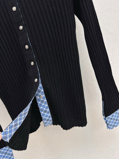 25 New plaid stitching fake two-piece sweater(WHITE/BLACK)