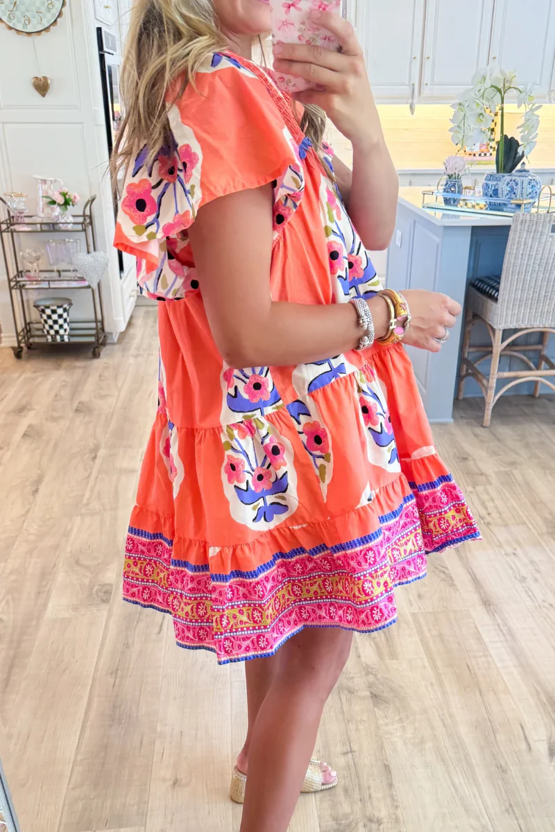 Coral Boho Print Mini Dress