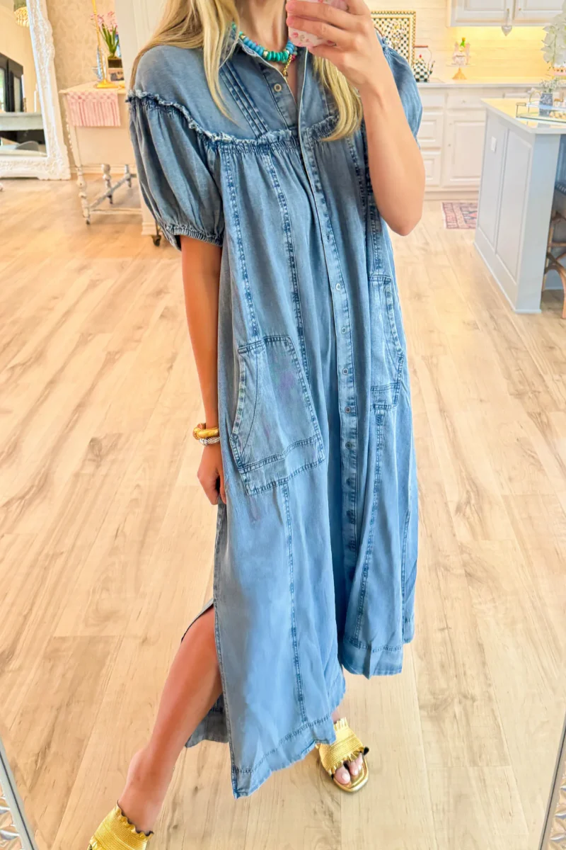 Denim Puff Sleeve Button Down Maxi Dress