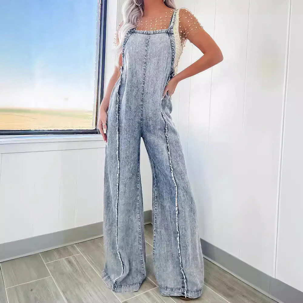 Retro Denim Wide-leg Suspender Jumpsuit