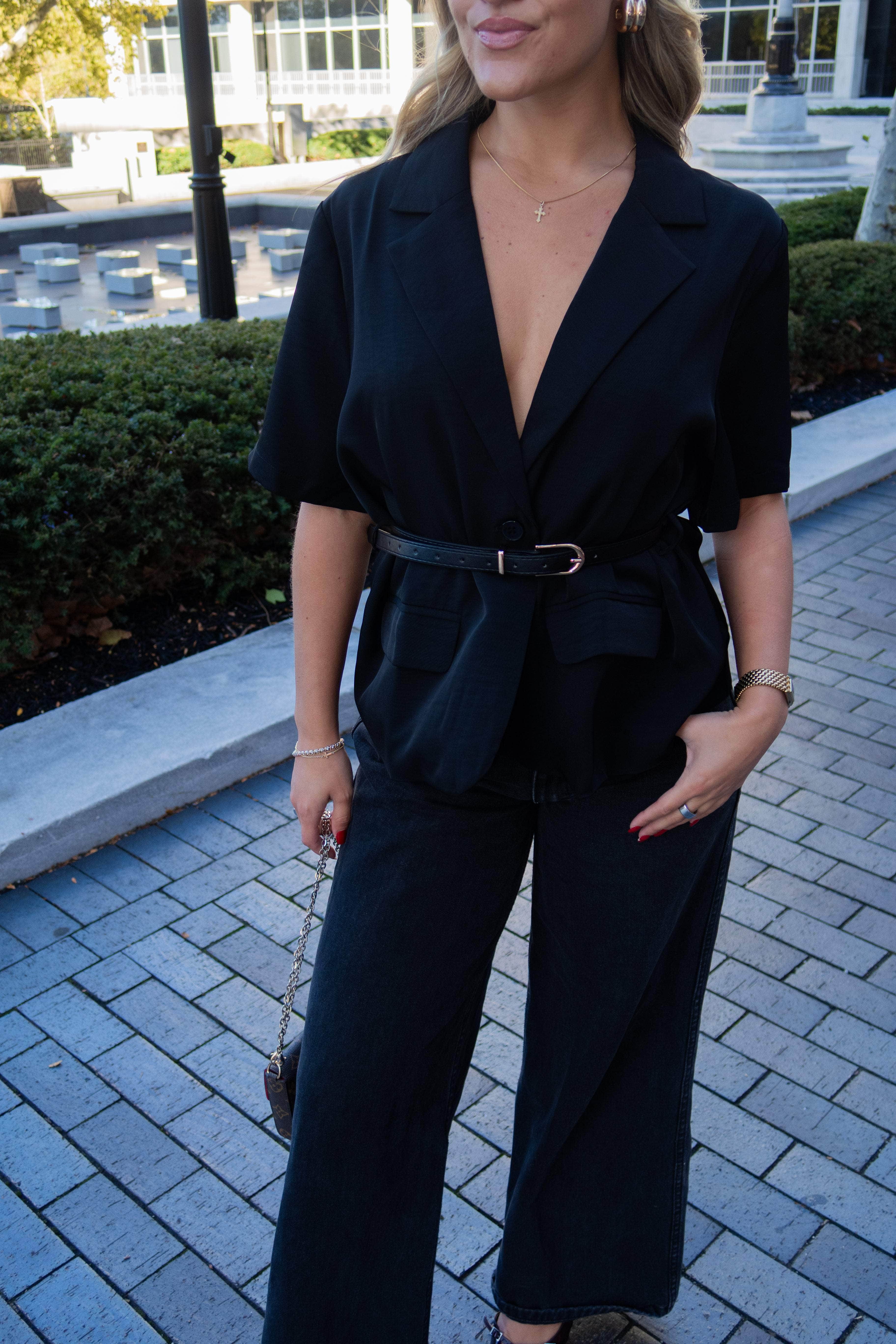 Short Sleeve Belted Blazer Top