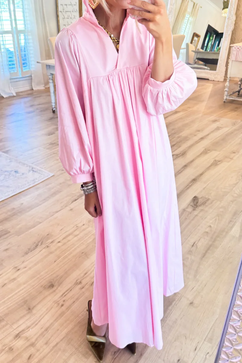 Pink High Ruffle Neck Midi Dress