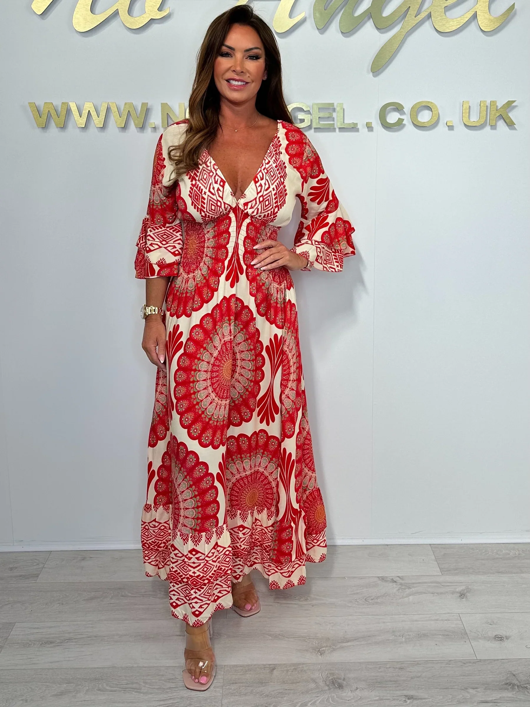 Print V-Neck Smocked Waist Bell Sleeve Dress