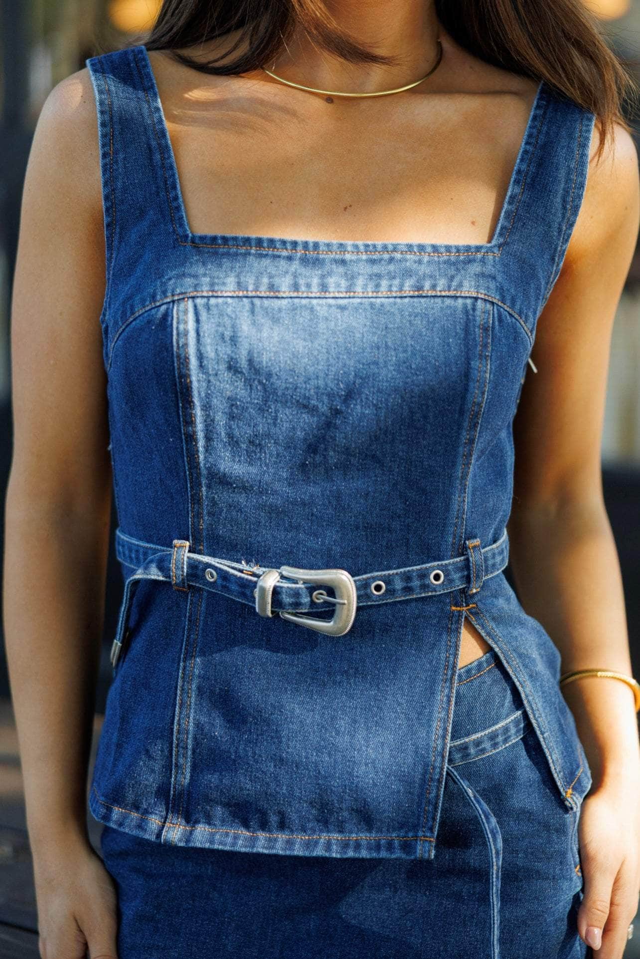 Western Lane Belted Denim Top