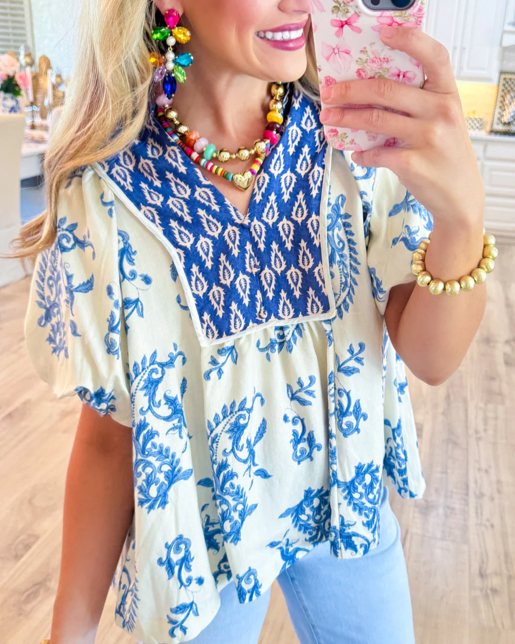 Blue Printed Boho Puff Sleeve Top