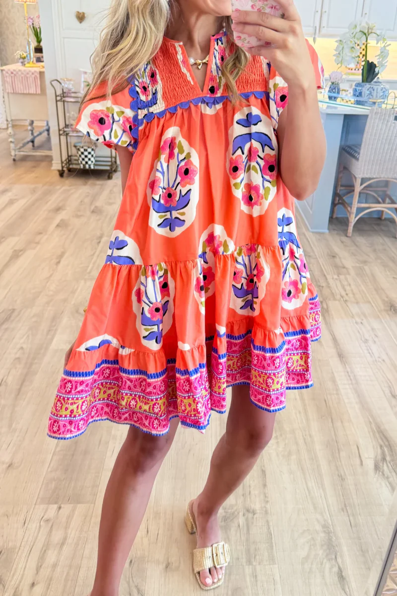 Coral Boho Print Mini Dress