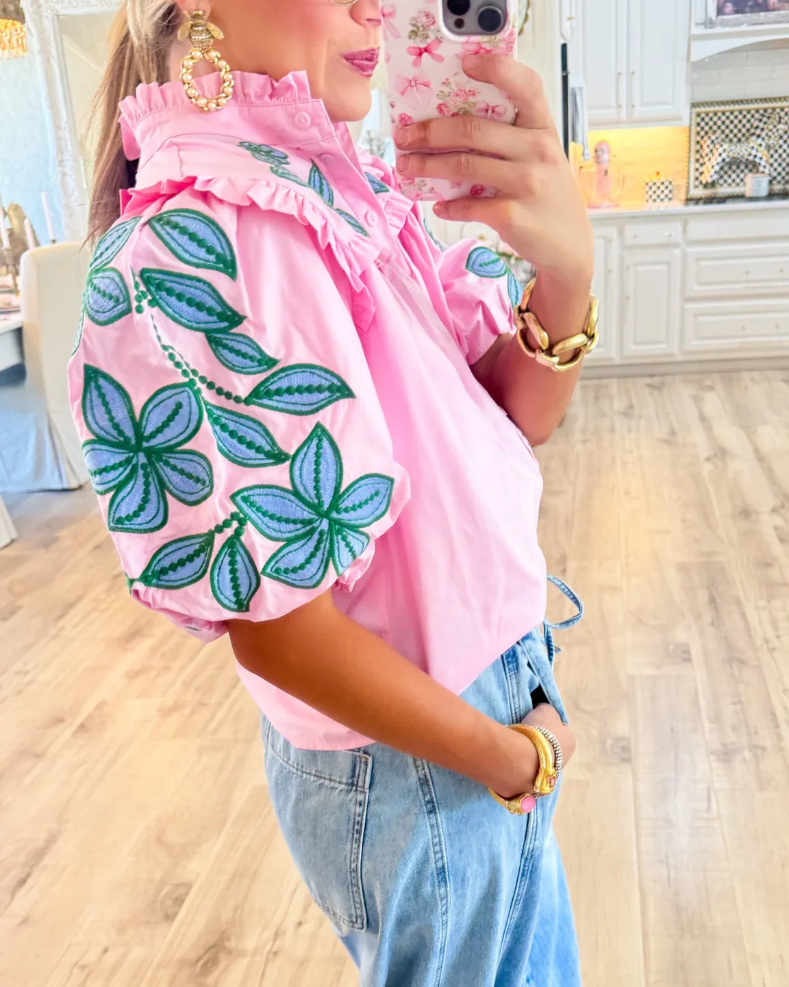 Flower Embroidered Puff Sleeve Top