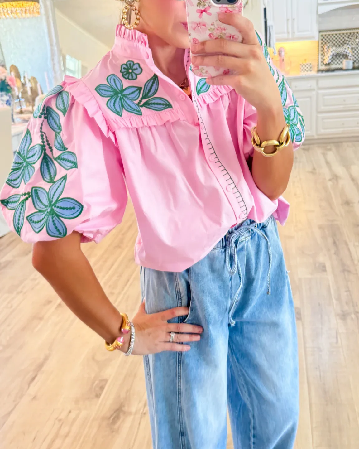 Flower Embroidered Puff Sleeve Top
