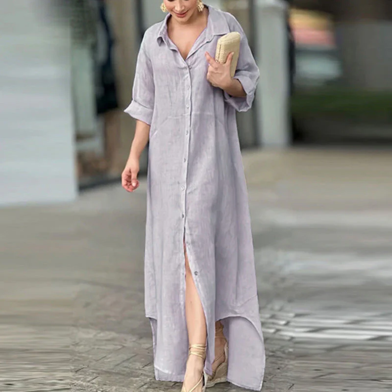 Lapel cotton and linen loose long skirt