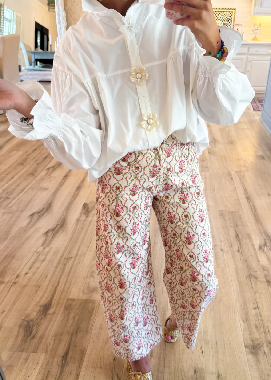 Pink and Orange Floral Printed Barrel Jeans