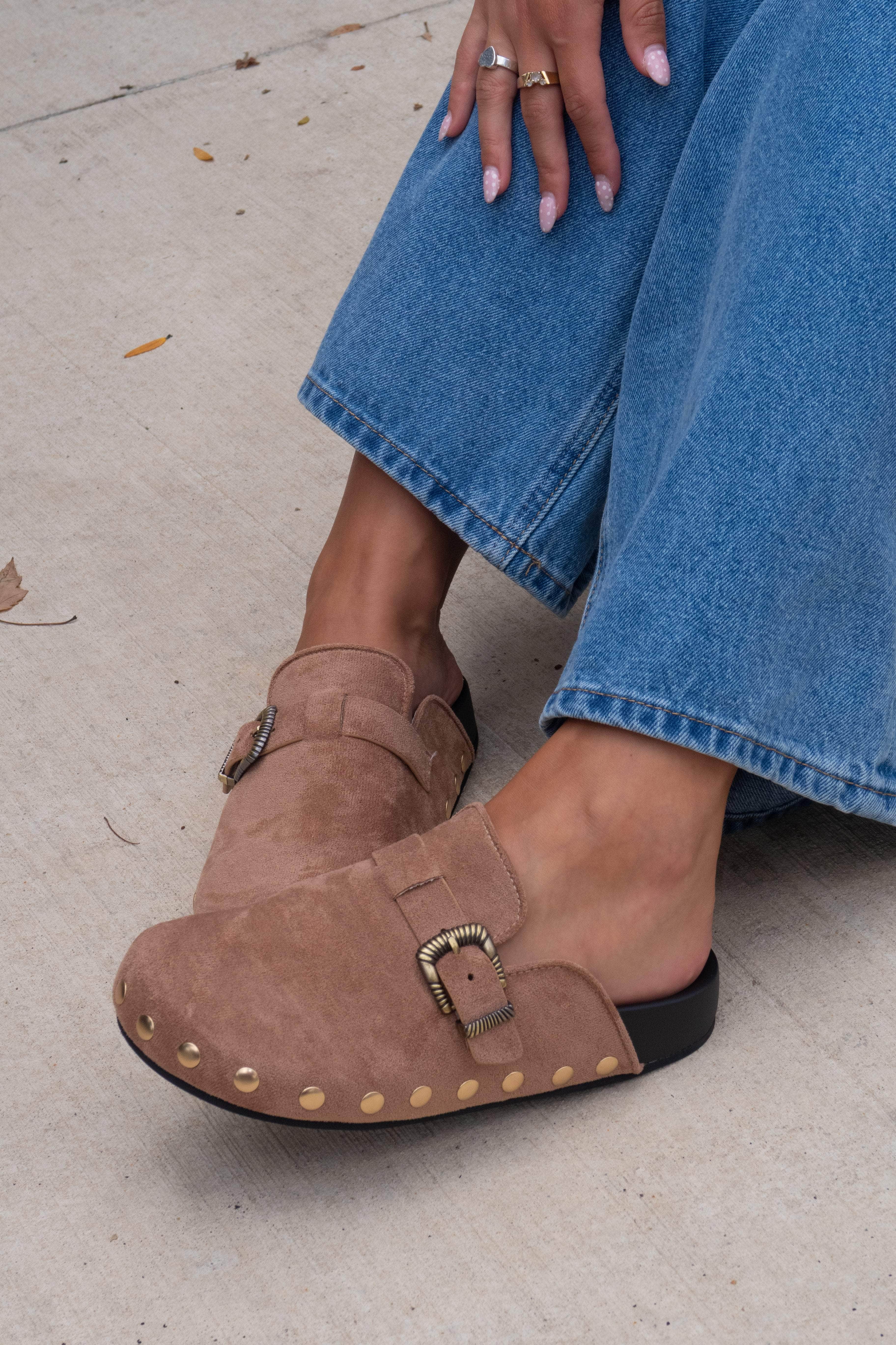 Latte Studded Buckle Clog