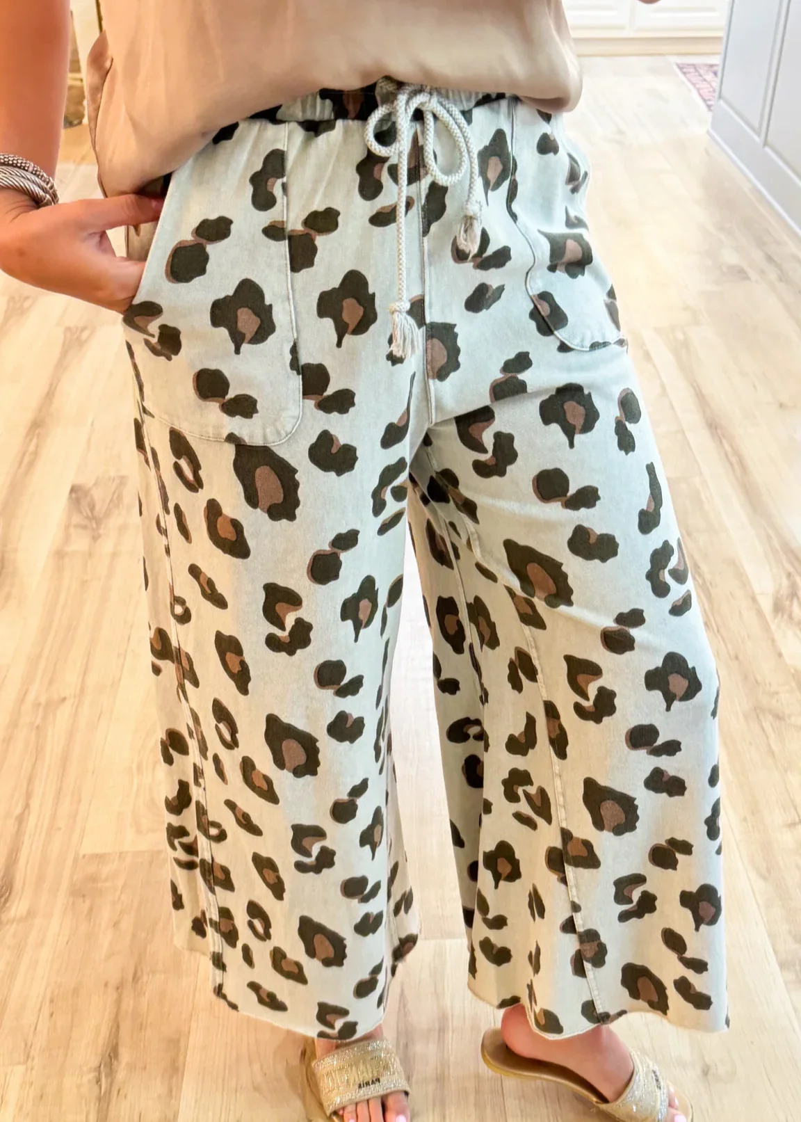 Stone Grey Cheetah Print Mineral Washed Wide Leg Pants