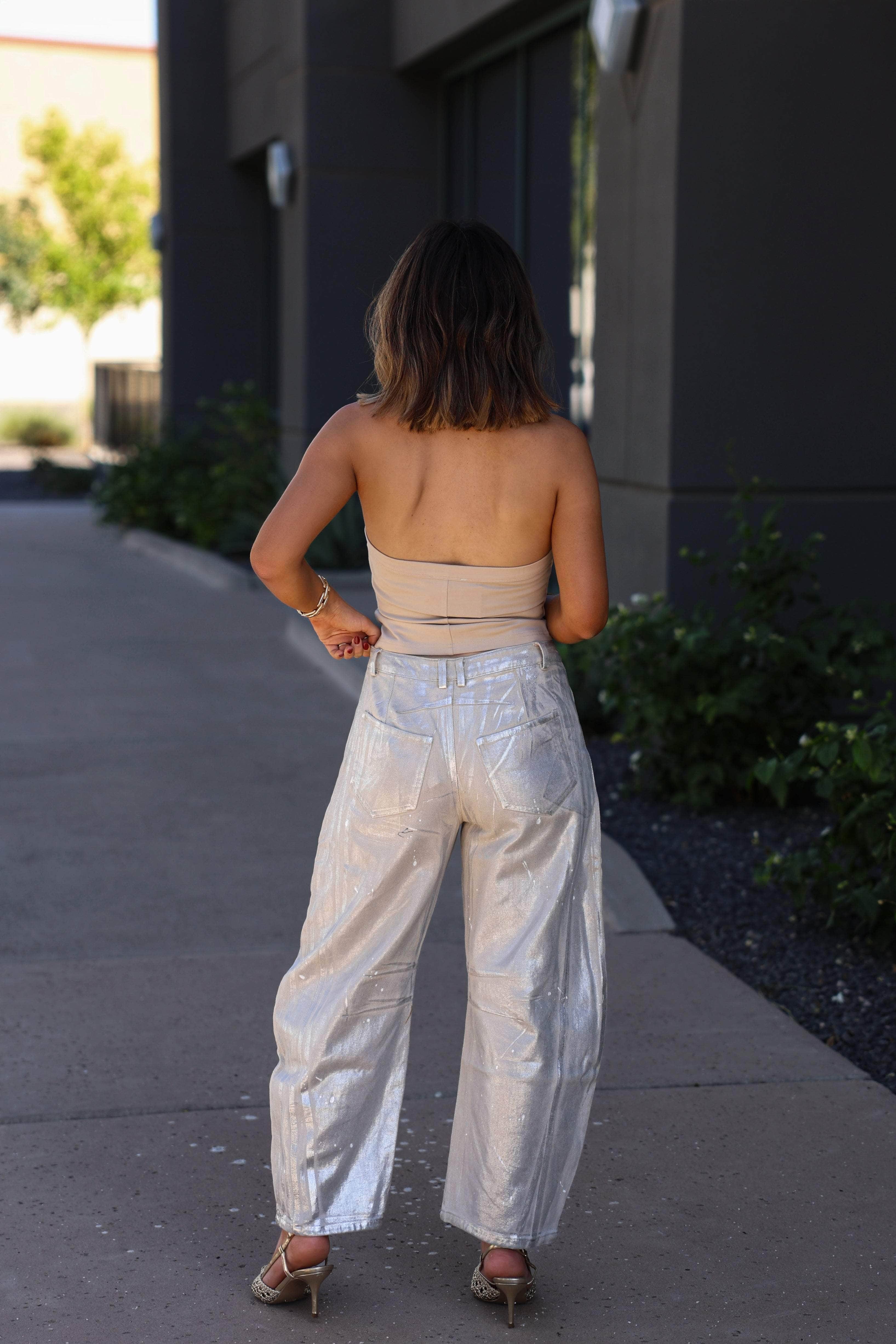Metallic Mid Rise Barrel Jeans